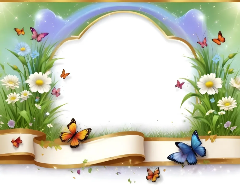 3d Model A Decorative Border Featuring Vibrant Green Grass And Colorful Flowers With Two Butterflies Resting On The Ground The Background Is A Light Blue Sky With Sparkles And There Is A Blank White Space In The Cen 7 21eb