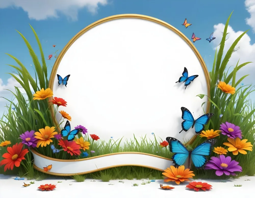 3d Model A Decorative Border Featuring Vibrant Green Grass And Colorful Flowers With Two Butterflies Resting On The Ground The Background Is A Light Blue Sky With Sparkles And There Is A Blank White Space In The Cen 80 74f1