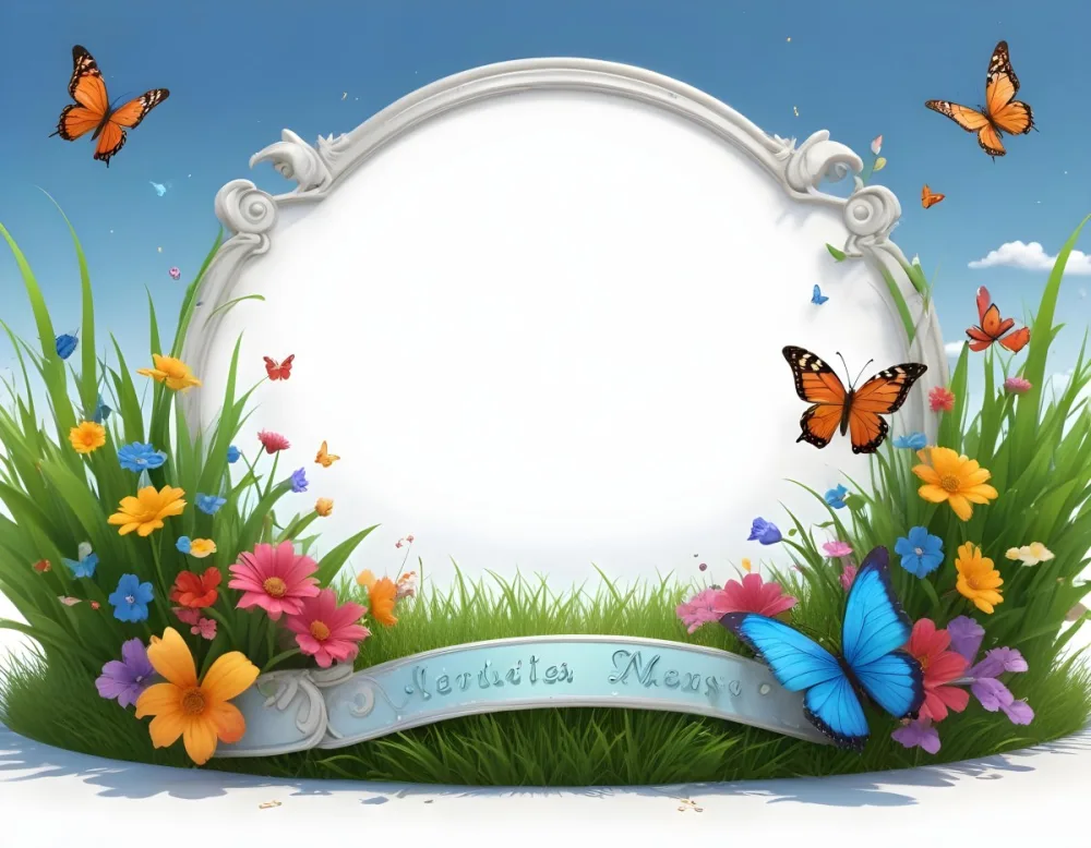 3d Model A Decorative Border Featuring Vibrant Green Grass And Colorful Flowers With Two Butterflies Resting On The Ground The Background Is A Light Blue Sky With Sparkles And There Is A Blank White Space In The Cen 81 5b71