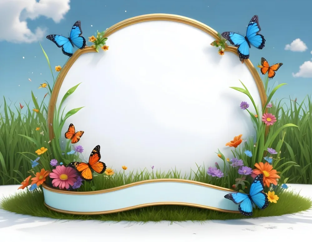 3d Model A Decorative Border Featuring Vibrant Green Grass And Colorful Flowers With Two Butterflies Resting On The Ground The Background Is A Light Blue Sky With Sparkles And There Is A Blank White Space In The Cen 83 Fc12
