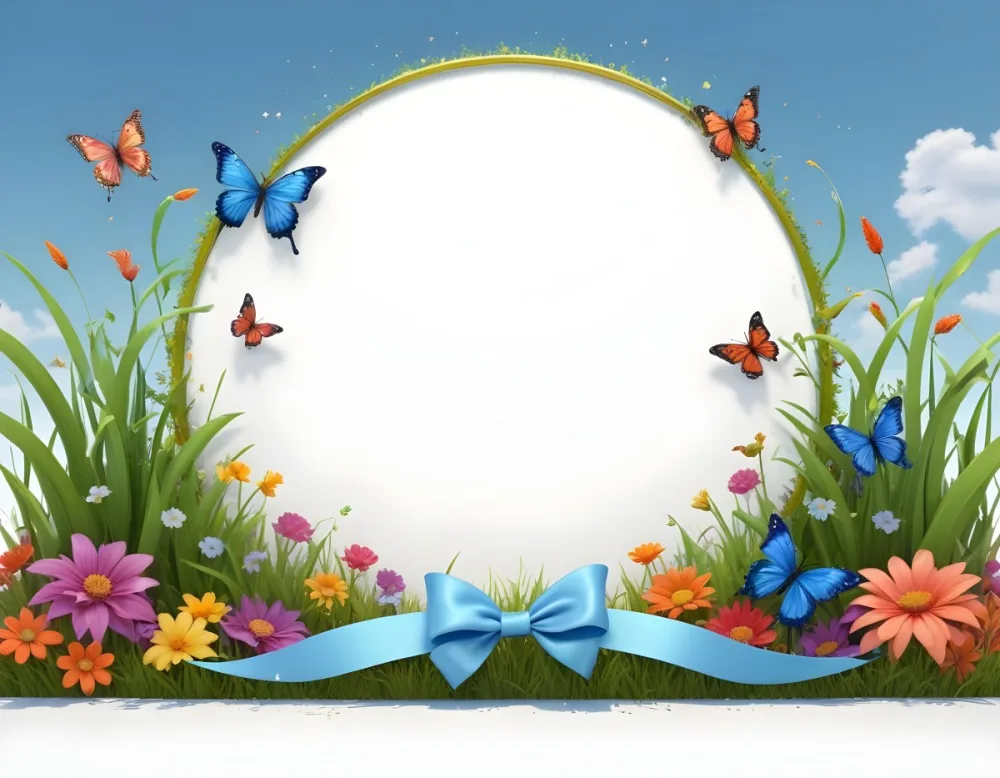 3d Model A Decorative Border Featuring Vibrant Green Grass And Colorful Flowers With Two Butterflies Resting On The Ground The Background Is A Light Blue Sky With Sparkles And There Is A Blank White Space In The Cen 84 Fe90