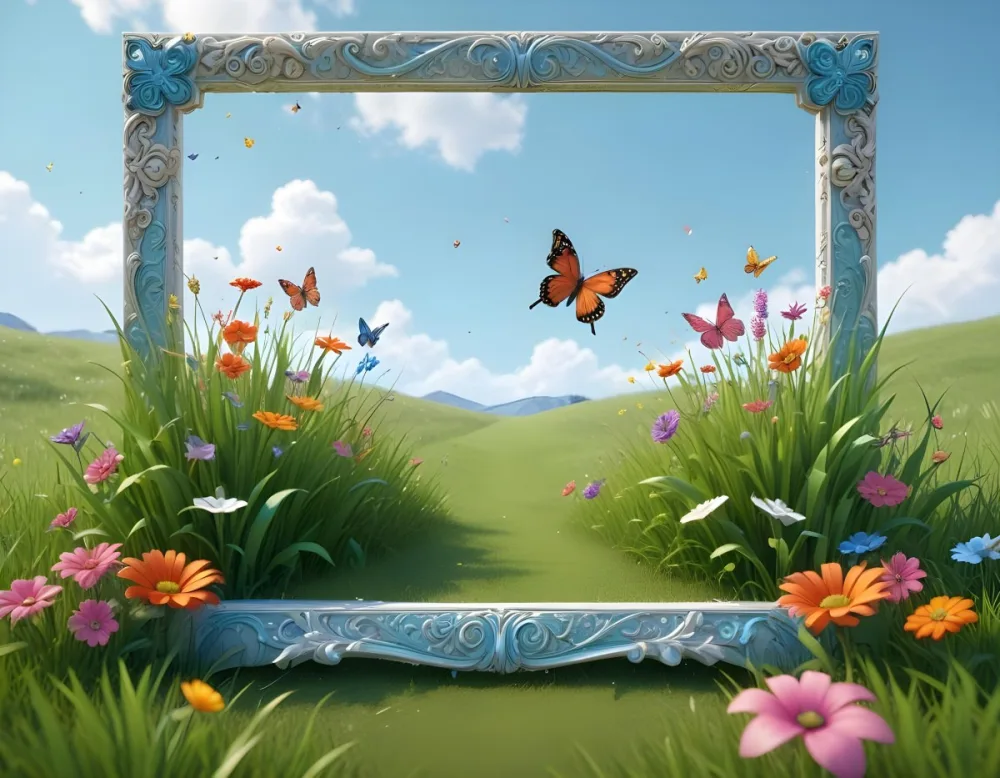 3d Model A Decorative Border Featuring Vibrant Green Grass And Colorful Flowers With Two Butterflies Resting On The Ground The Background Is A Light Blue Sky With Sparkles And There Is A Blank White Space In The Cen 85 F5bc