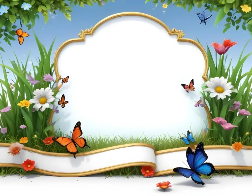 3d Model A Decorative Border Featuring Vibrant Green Grass And Colorful Flowers With Two Butterflies Resting On The Ground The Background Is A Light Blue Sky With Sparkles And There Is A Blank White Space In The Cen 86 483a