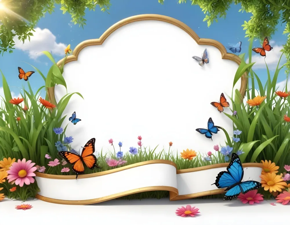 3d Model A Decorative Border Featuring Vibrant Green Grass And Colorful Flowers With Two Butterflies Resting On The Ground The Background Is A Light Blue Sky With Sparkles And There Is A Blank White Space In The Cen 87 F03a
