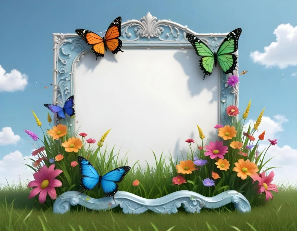 3d Model A Decorative Border Featuring Vibrant Green Grass And Colorful Flowers With Two Butterflies Resting On The Ground The Background Is A Light Blue Sky With Sparkles And There Is A Blank White Space In The Cen 88 7602