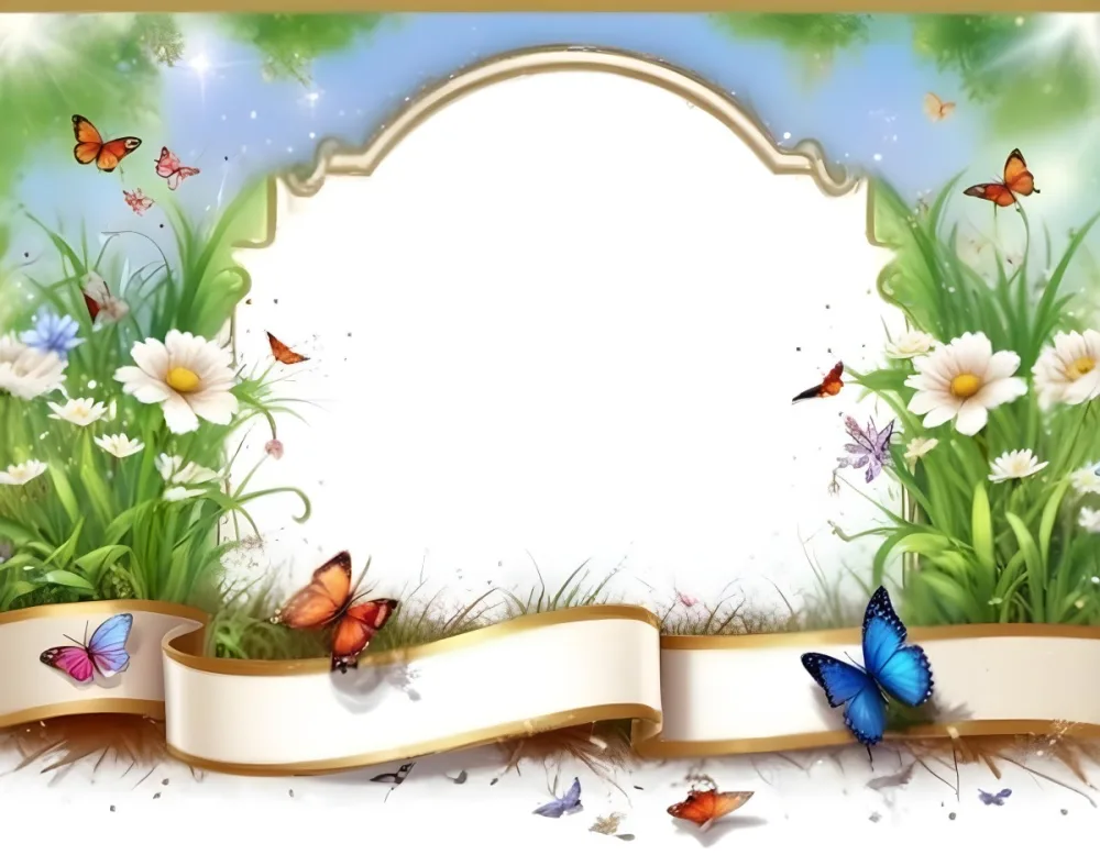 3d Model A Decorative Border Featuring Vibrant Green Grass And Colorful Flowers With Two Butterflies Resting On The Ground The Background Is A Light Blue Sky With Sparkles And There Is A Blank White Space In The Cen 9 2b17