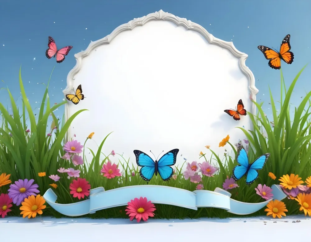 3d Model A Decorative Border Featuring Vibrant Green Grass And Colorful Flowers With Two Butterflies Resting On The Ground The Background Is A Light Blue Sky With Sparkles And There Is A Blank White Space In The Cen 90 F64c