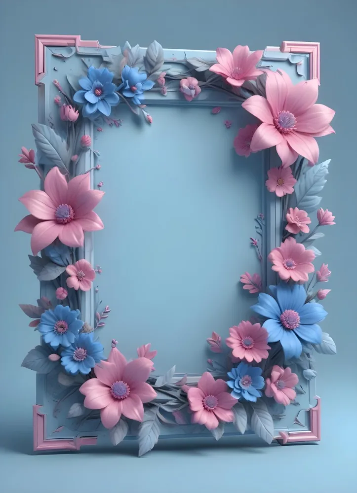 3d Model A Frame With Blue And Pink Flowers On A Light Blue Background Figure Octane Render Volumetric Highly Detailed Videogame Aesthetic 88 531a