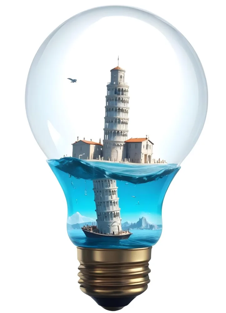 3d Model A Glass Light Bulb Containing A Miniature Ship Sailing On A Blue Ocean With The Leaning Tower Of Pisa In The Background Figure Octane Render Volumetric Highly Detailed Videogame Aesthetic 5 24a9