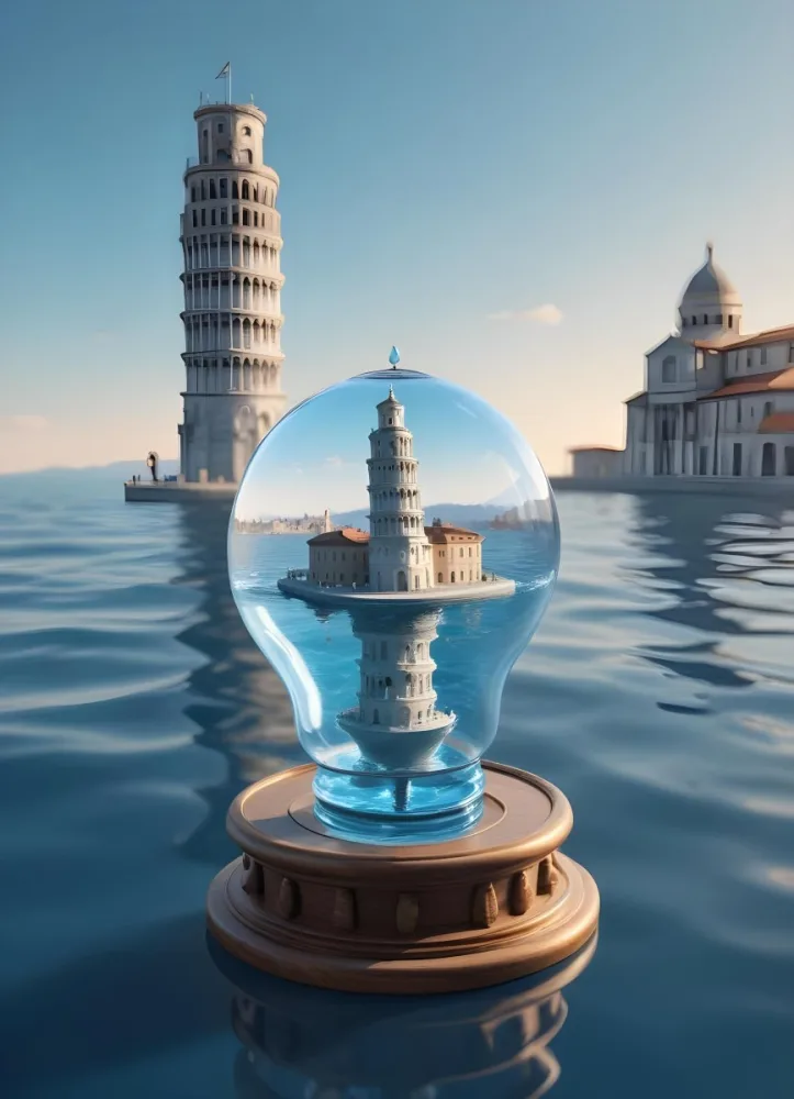 3d Model A Glass Light Bulb Containing A Miniature Ship Sailing On A Blue Ocean With The Leaning Tower Of Pisa In The Background Figure Octane Render Volumetric Highly Detailed Videogame Aesthetic 6 55b0