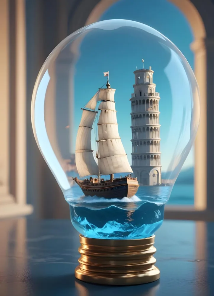 3d Model A Glass Light Bulb Containing A Miniature Ship Sailing On A Blue Ocean With The Leaning Tower Of Pisa In The Background Figure Octane Render Volumetric Highly Detailed Videogame Aesthetic 7 Bdf7
