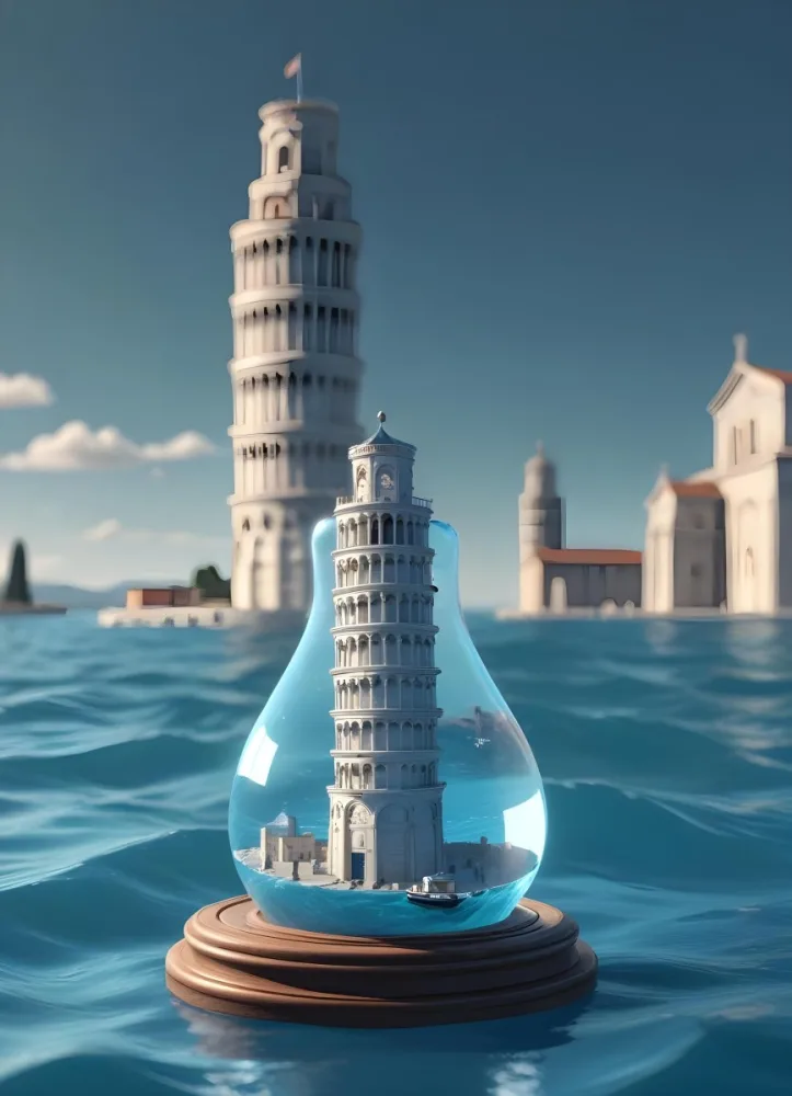 3d Model A Glass Light Bulb Containing A Miniature Ship Sailing On A Blue Ocean With The Leaning Tower Of Pisa In The Background Figure Octane Render Volumetric Highly Detailed Videogame Aesthetic 8 1078