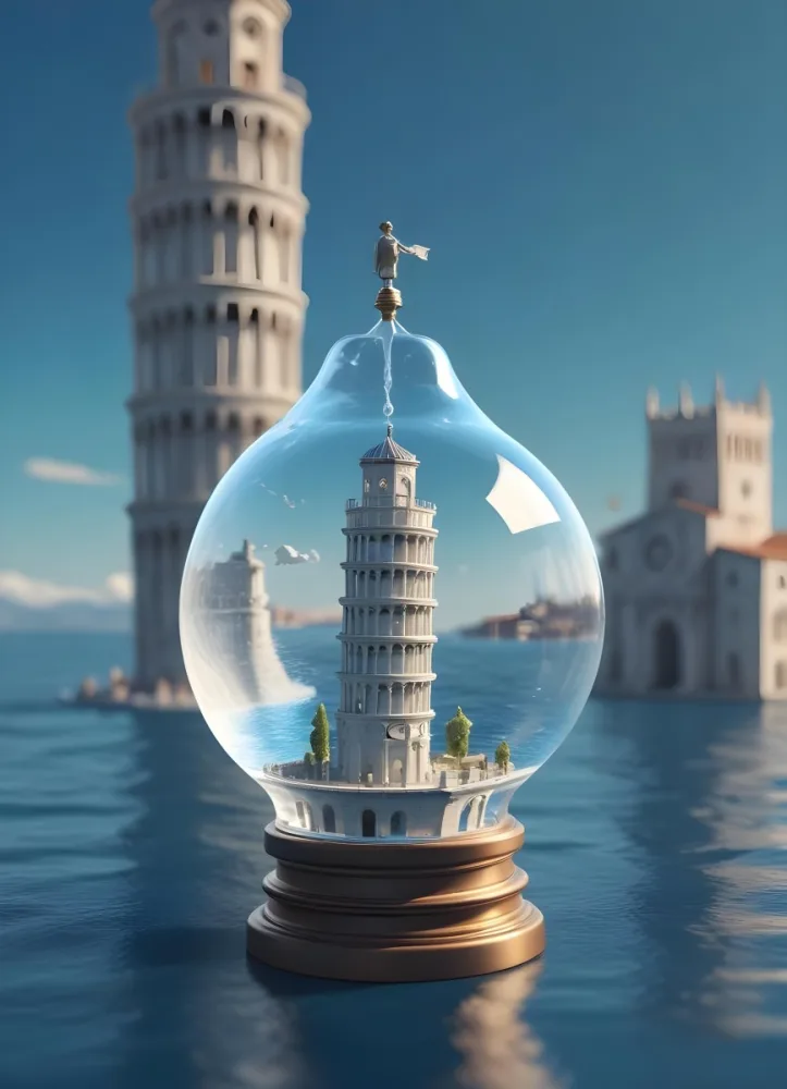 3d Model A Glass Light Bulb Containing A Miniature Ship Sailing On A Blue Ocean With The Leaning Tower Of Pisa In The Background Figure Octane Render Volumetric Highly Detailed Videogame Aesthetic 9 5369