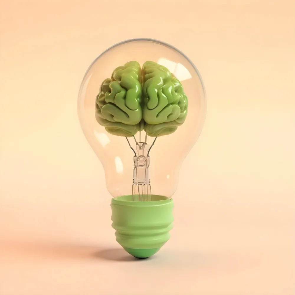 3d Model A Green Brain Inside A Light Bulb With A Green Base The Background Is A Plain Light Orange Color Figure Octane Render Volumetric Highly Detailed Videogame Aesthetic 7 5ed5