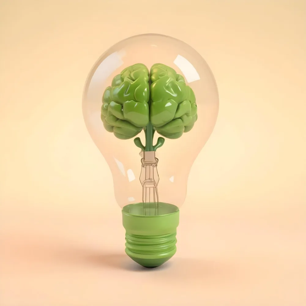 3d Model A Green Brain Inside A Light Bulb With A Green Base The Background Is A Plain Light Orange Color Figure Octane Render Volumetric Highly Detailed Videogame Aesthetic 8 0ea3