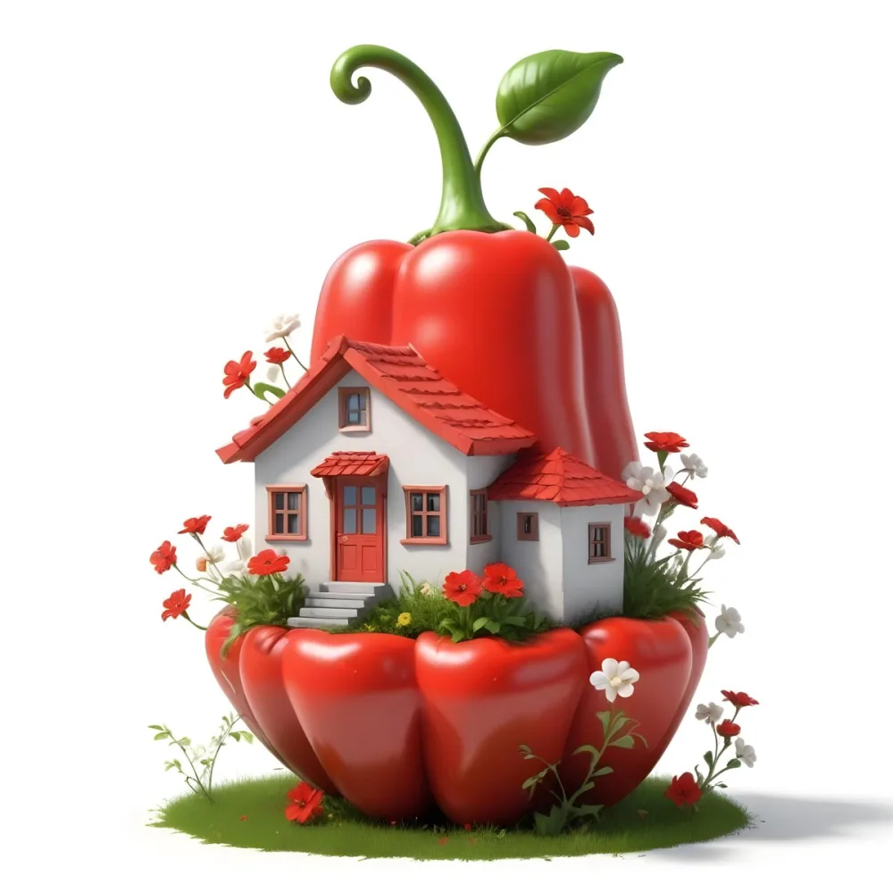 3d Model A House With A White Roof And A White Door Surrounded By Red Peppers And Small Flowers On A White Background Figure Octane Render Volumetric Highly Detailed Videogame Aesthetic 10 2408