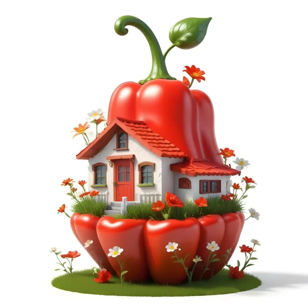 3d Model A House With A White Roof And A White Door Surrounded By Red Peppers And Small Flowers On A White Background Figure Octane Render Volumetric Highly Detailed Videogame Aesthetic 16 5238