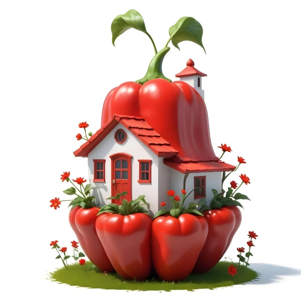 3d Model A House With A White Roof And A White Door Surrounded By Red Peppers And Small Flowers On A White Background Figure Octane Render Volumetric Highly Detailed Videogame Aesthetic 17 0bd9