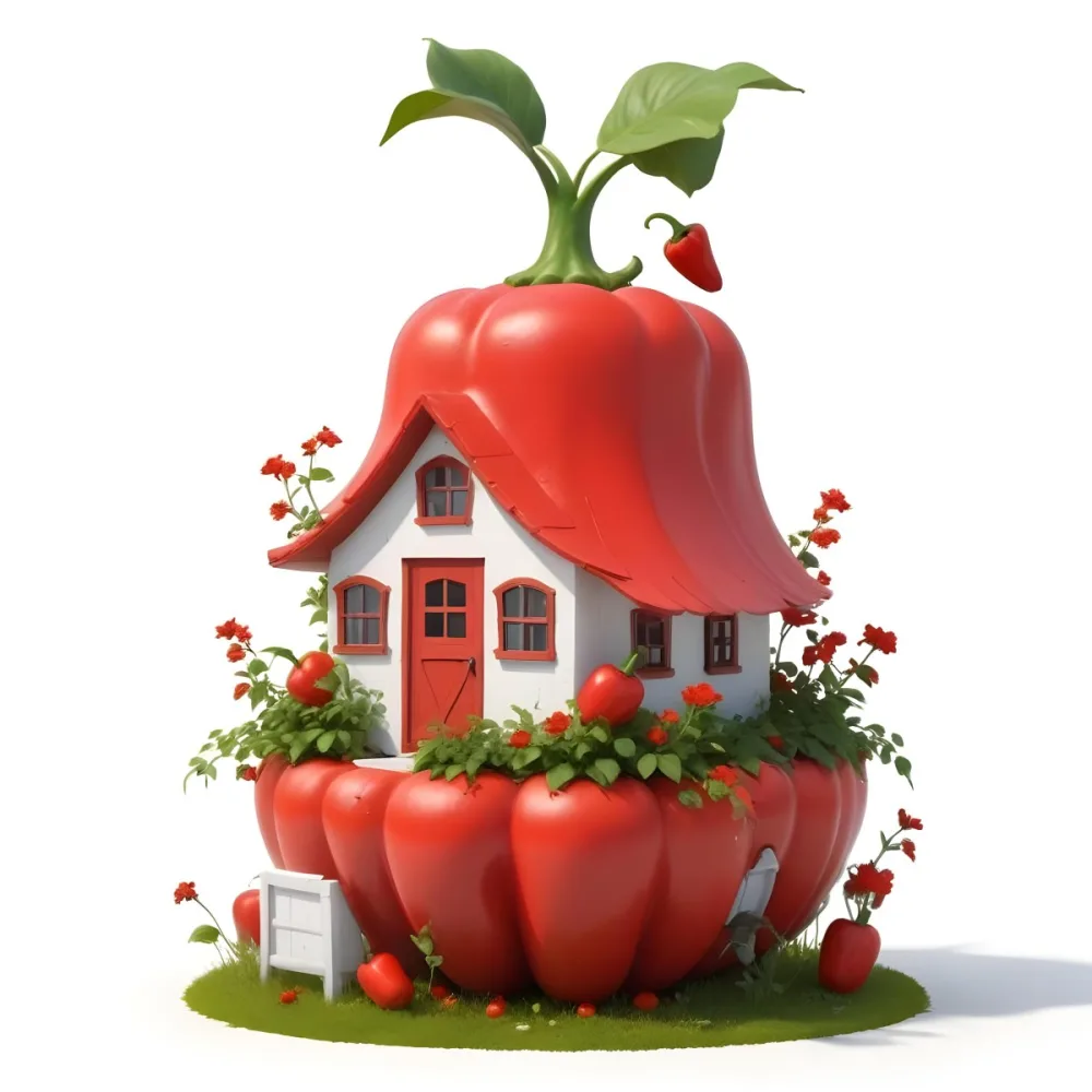 3d Model A House With A White Roof And A White Door Surrounded By Red Peppers And Small Flowers On A White Background Figure Octane Render Volumetric Highly Detailed Videogame Aesthetic 24 9590