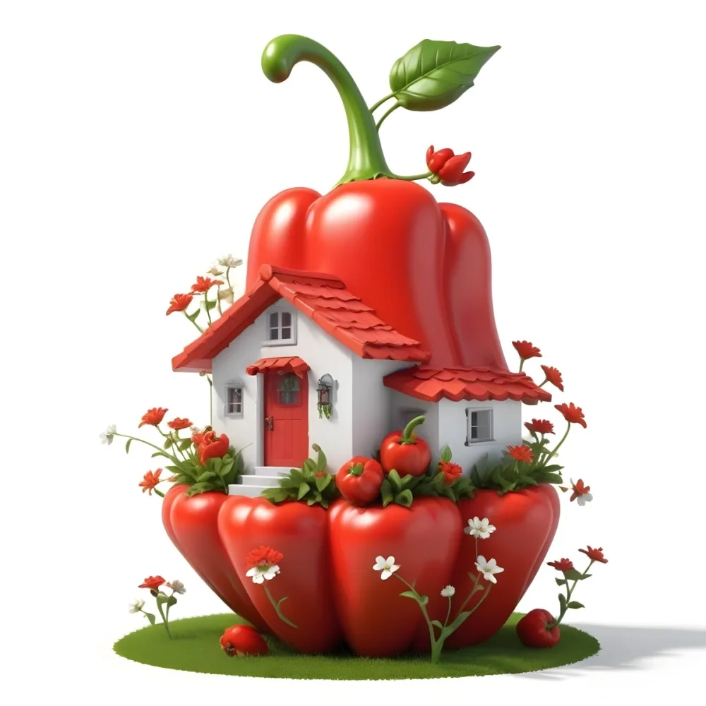 3d Model A House With A White Roof And A White Door Surrounded By Red Peppers And Small Flowers On A White Background Figure Octane Render Volumetric Highly Detailed Videogame Aesthetic 4 1b31