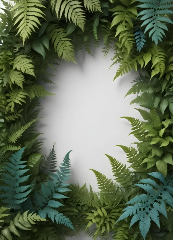 3d Model A Light Background With Decorative Green Leaves And Ferns Arranged At The Corners Creating A Frame Like Effect The Leaves Vary In Shape And Size With Some Featuring Hints Of Blue And Yellow Accents The Cente 5 D76e