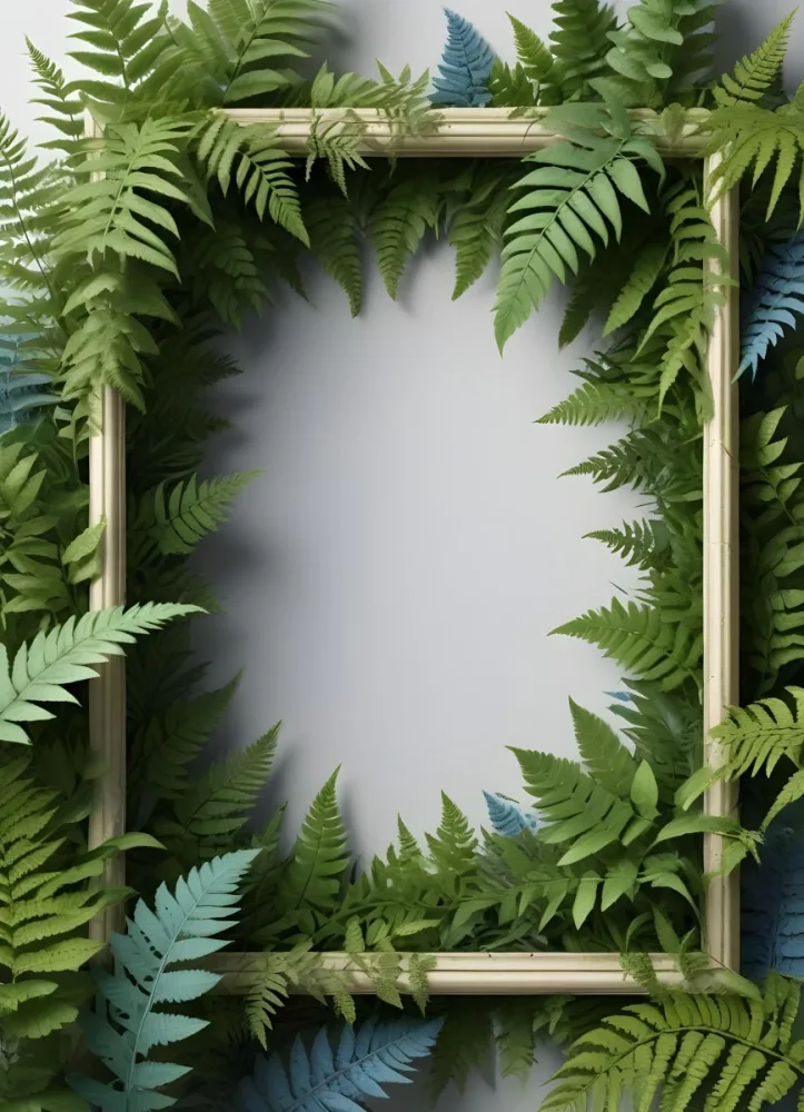 3d Model A Light Background With Decorative Green Leaves And Ferns Arranged At The Corners Creating A Frame Like Effect The Leaves Vary In Shape And Size With Some Featuring Hints Of Blue And Yellow Accents The Cente 7 9e31