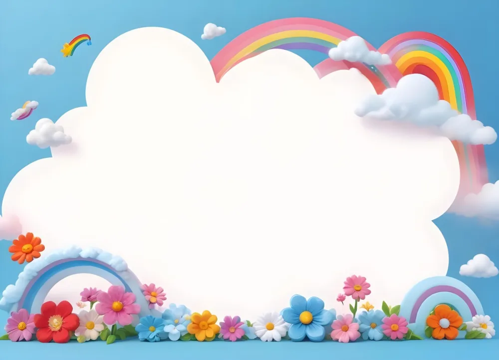 3d Model A Light Blue Background With White Fluffy Clouds At The Top And Bottom Colorful Flowers In Pink Are Scattered Around The Clouds Two Stylized Rainbows With Red Arcs Are Positioned At The Bottom Left And Right C 5 2687
