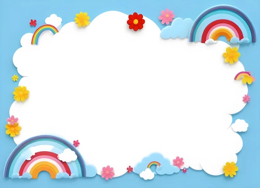 3d Model A Light Blue Background With White Fluffy Clouds At The Top And Bottom Colorful Flowers In Pink Are Scattered Around The Clouds Two Stylized Rainbows With Red Arcs Are Positioned At The Bottom Left And Right C 7 Dd9c