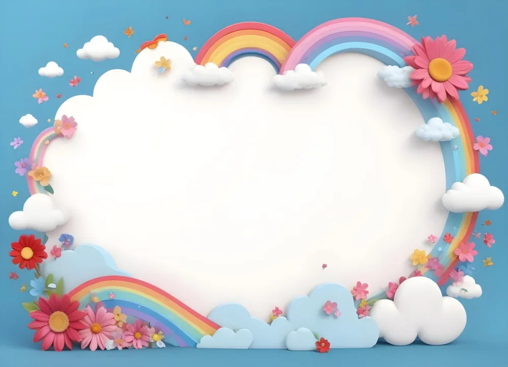 3d Model A Light Blue Background With White Fluffy Clouds At The Top And Bottom Colorful Flowers In Pink Are Scattered Around The Clouds Two Stylized Rainbows With Red Arcs Are Positioned At The Bottom Left And Right C 9 1b95