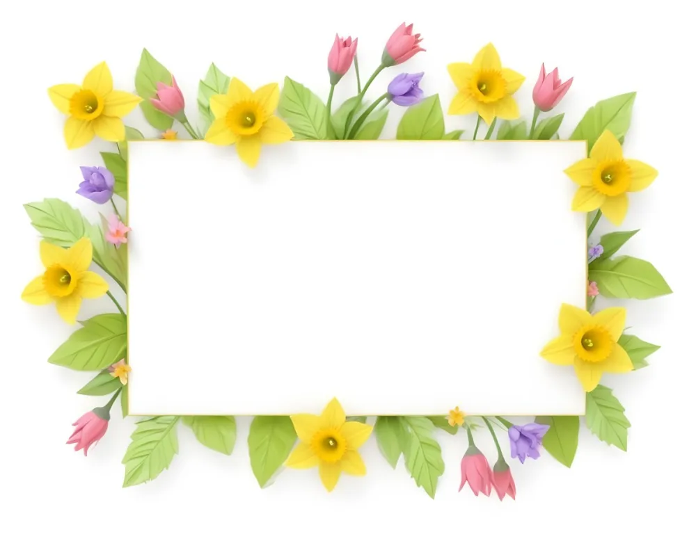 3d Model A Rectangular Frame Adorned With Colorful Flowers And Green Leaves The Flowers Include Yellow Daffodils And Pink And Purple Blooms Creating A Vibrant Border Around A Blank White Center Figure Octane Rende 67 0c9b