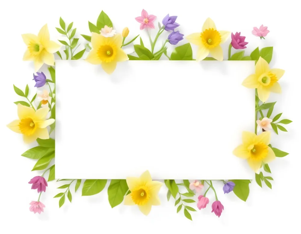 3d Model A Rectangular Frame Adorned With Colorful Flowers And Green Leaves The Flowers Include Yellow Daffodils And Pink And Purple Blooms Creating A Vibrant Border Around A Blank White Center Figure Octane Rende 68 Fb44
