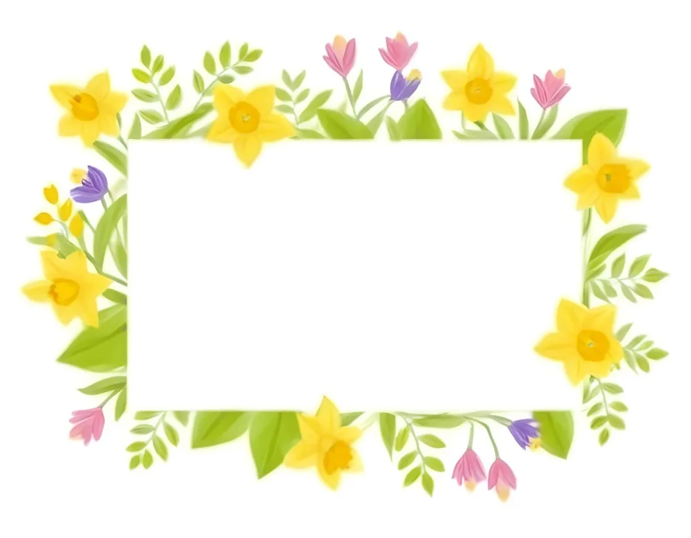 3d Model A Rectangular Frame Adorned With Colorful Flowers And Green Leaves The Flowers Include Yellow Daffodils And Pink And Purple Blooms Creating A Vibrant Border Around A Blank White Center Figure Octane Rende 7 Dac3