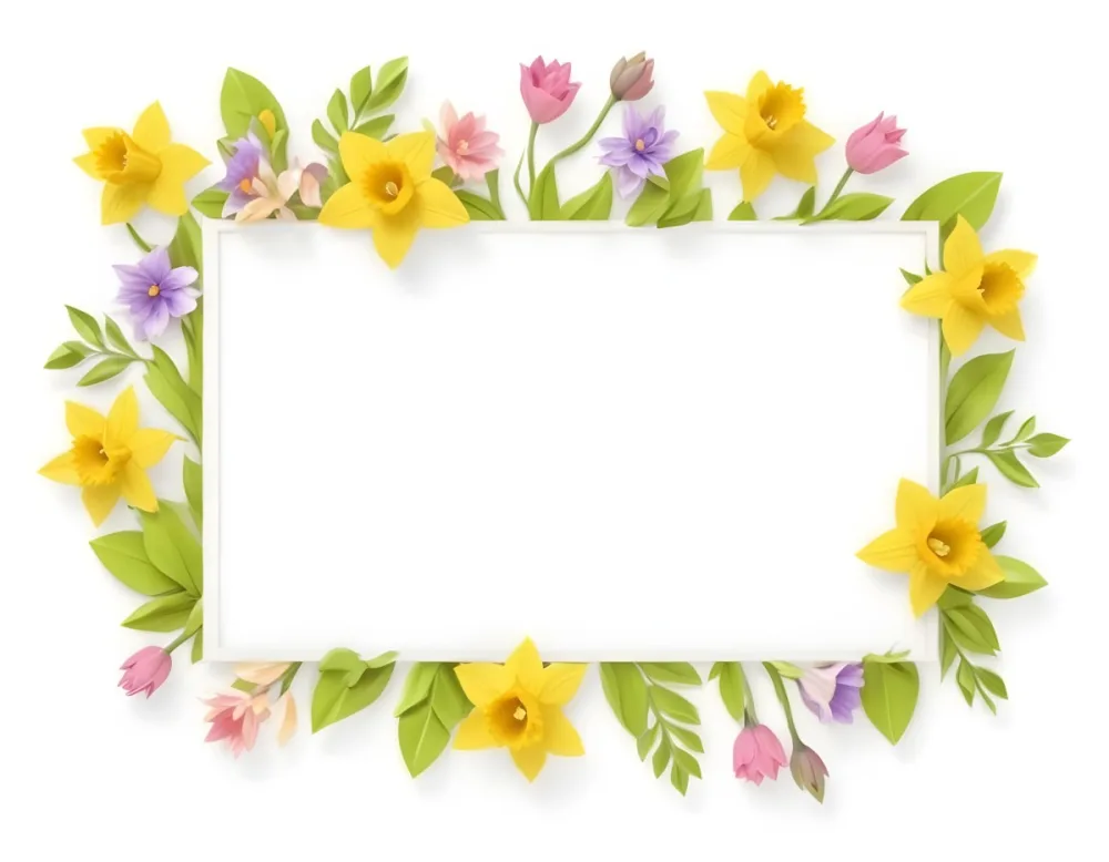 3d Model A Rectangular Frame Adorned With Colorful Flowers And Green Leaves The Flowers Include Yellow Daffodils And Pink And Purple Blooms Creating A Vibrant Border Around A Blank White Center Figure Octane Rende 8 158b