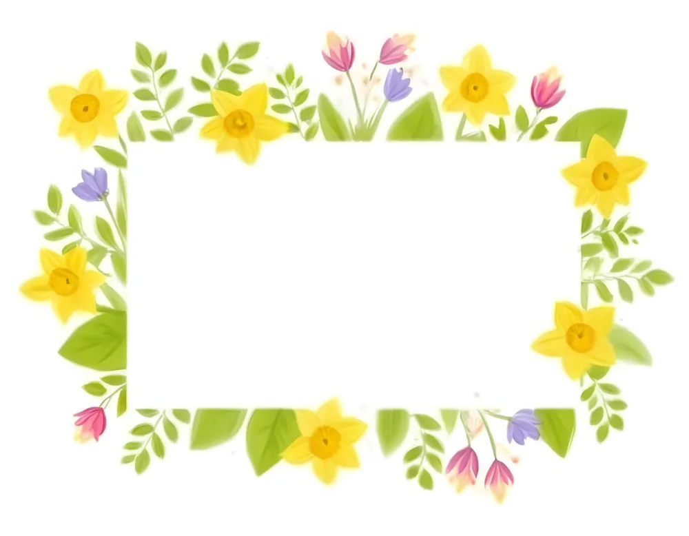 3d Model A Rectangular Frame Adorned With Colorful Flowers And Green Leaves The Flowers Include Yellow Daffodils And Pink And Purple Blooms Creating A Vibrant Border Around A Blank White Center Figure Octane Rende 9 33e4