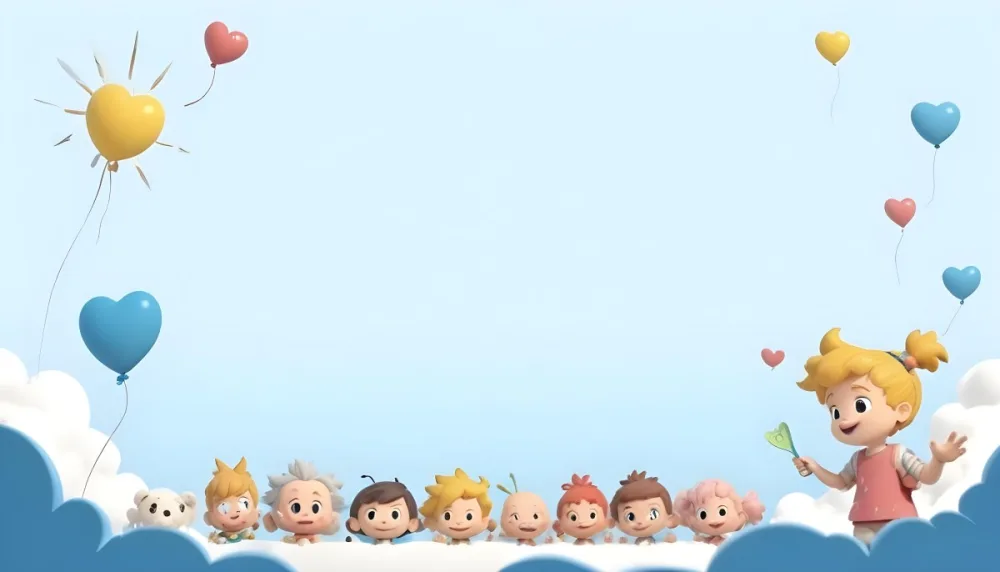 3d Model A Row Of Cartoon Children With Various Hairstyles And Expressions Some Holding Toys Against A Light Blue Background With Simple Clouds And Hearts Figure Octane Render Volumetric Highly Detailed Videogame 5 7e86