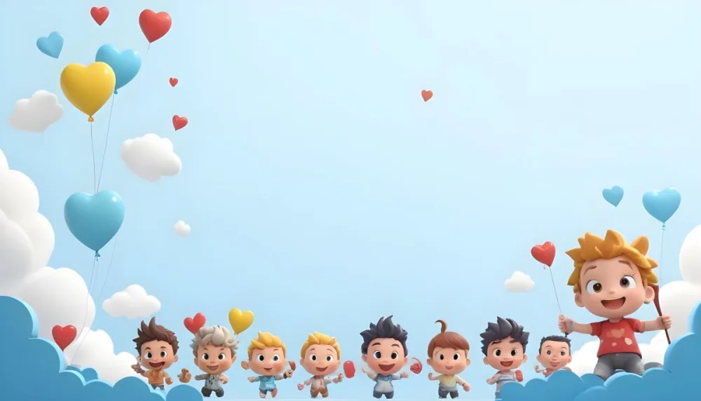3d Model A Row Of Cartoon Children With Various Hairstyles And Expressions Some Holding Toys Against A Light Blue Background With Simple Clouds And Hearts Figure Octane Render Volumetric Highly Detailed Videogame 7 6e12