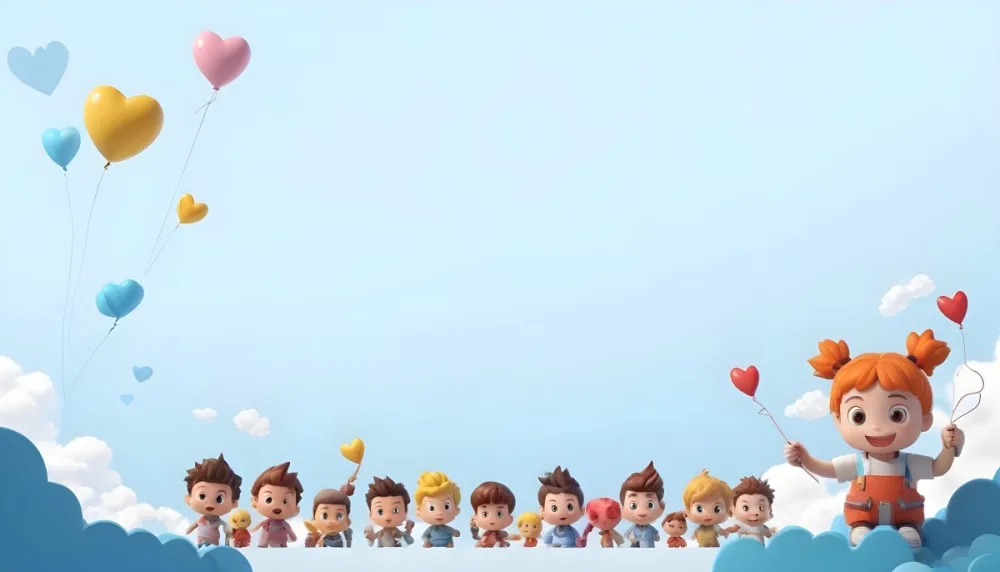 3d Model A Row Of Cartoon Children With Various Hairstyles And Expressions Some Holding Toys Against A Light Blue Background With Simple Clouds And Hearts Figure Octane Render Volumetric Highly Detailed Videogame 9 7c9b