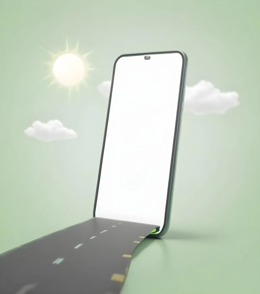 3d Model A Smartphone With A Blank Green Screen Stands On A Gray Road With Dashed Lines Against A Light Green Background With Clouds And A Sun Figure Octane Render Volumetric Highly Detailed Videogame Aesthetic 4 9a42