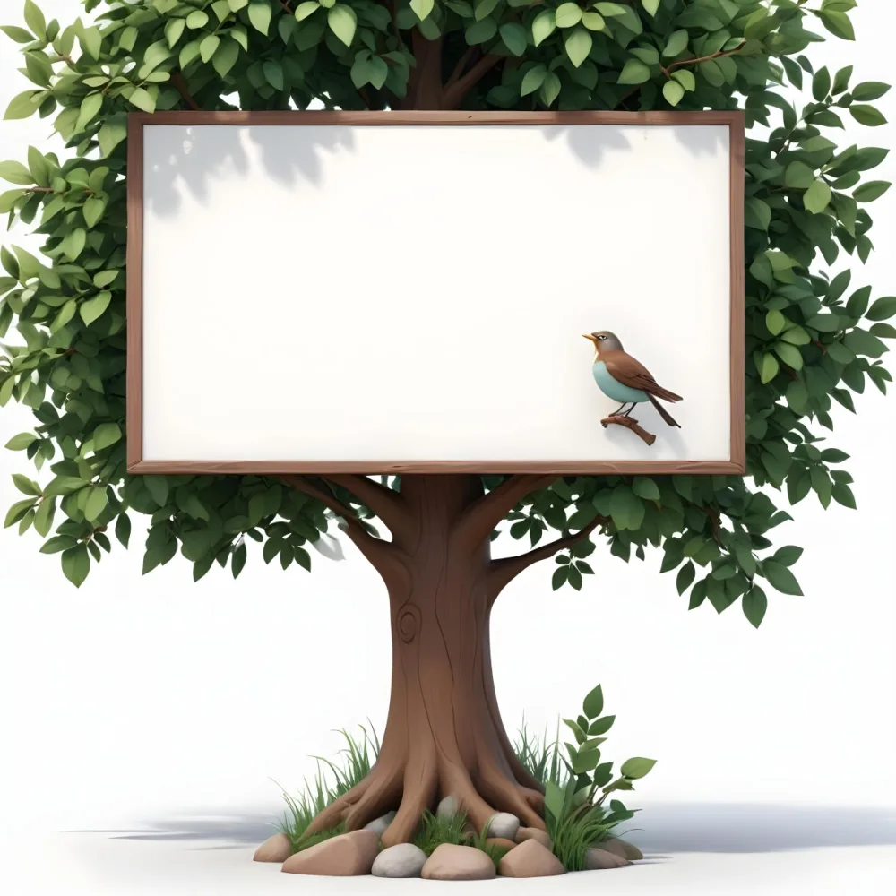 3d Model A Stylized Tree With A Brown Trunk And Green Leaves Featuring A Blank White Sign In The Center A Small Bird Is Perched On The Top Left Side Of The Sign The Base Of The Tree Has Some Grass And A Few Rocks Fi 214 2255