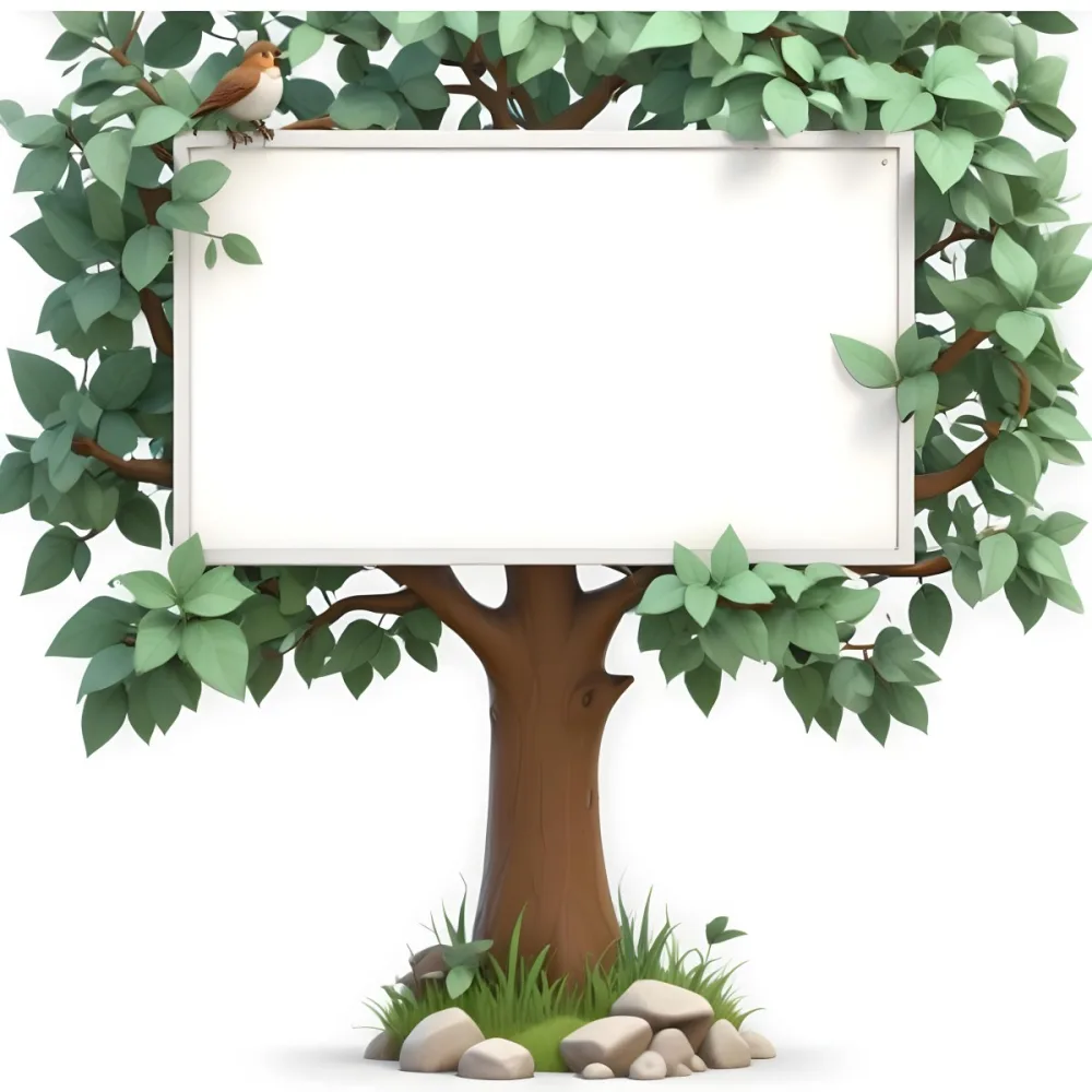 3d Model A Stylized Tree With A Brown Trunk And Green Leaves Featuring A Blank White Sign In The Center A Small Bird Is Perched On The Top Left Side Of The Sign The Base Of The Tree Has Some Grass And A Few Rocks Fi 5 4c0e