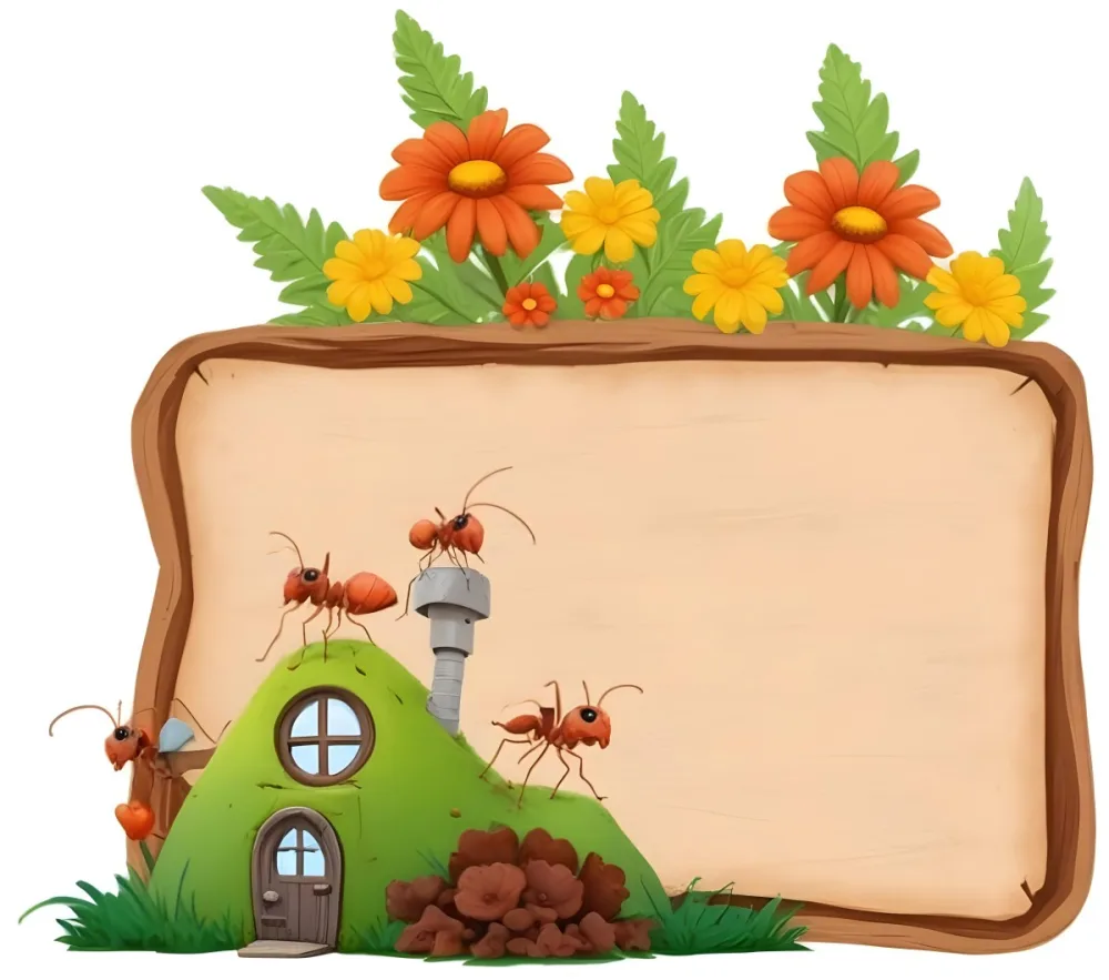 3d Model A Whimsical Scene Featuring A Green Ant Hill With A Small Door And A Chimney Surrounded By Several Cartoon Ants Some Ants Are Wearing Hats The Background Includes A Wooden Sign With A Blank Space For Text A 3 Be93