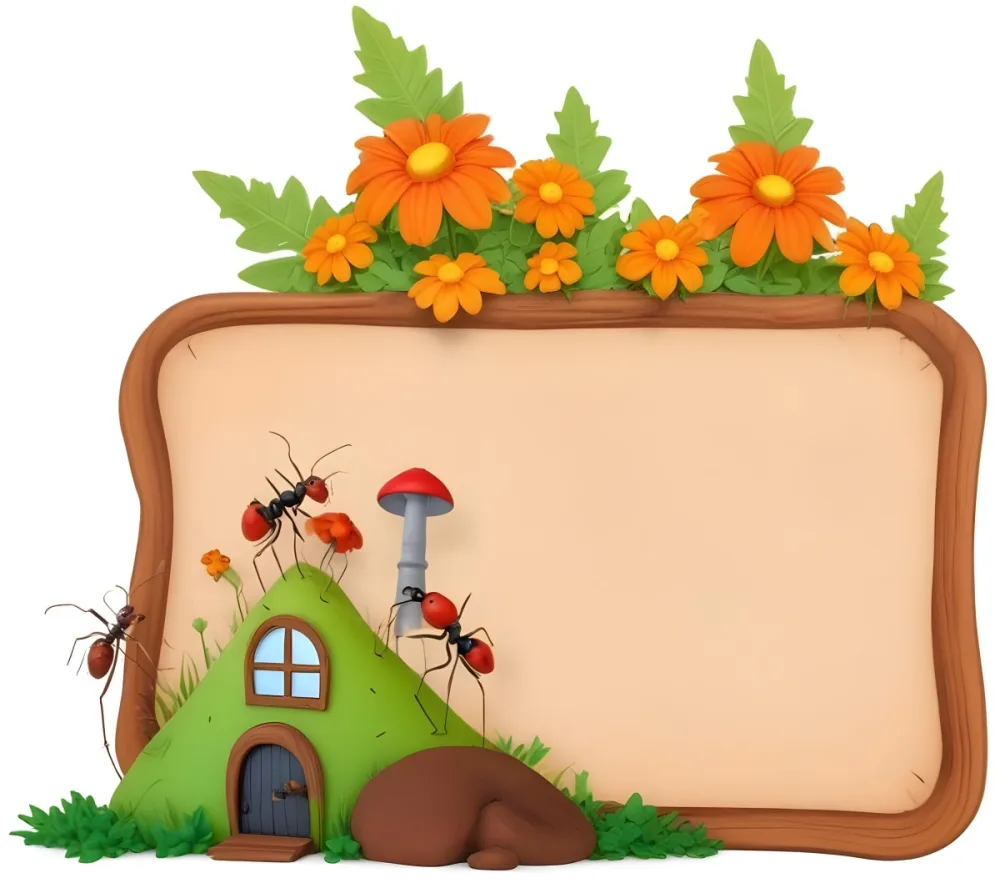 3d Model A Whimsical Scene Featuring A Green Ant Hill With A Small Door And A Chimney Surrounded By Several Cartoon Ants Some Ants Are Wearing Hats The Background Includes A Wooden Sign With A Blank Space For Text A 4 Cee0