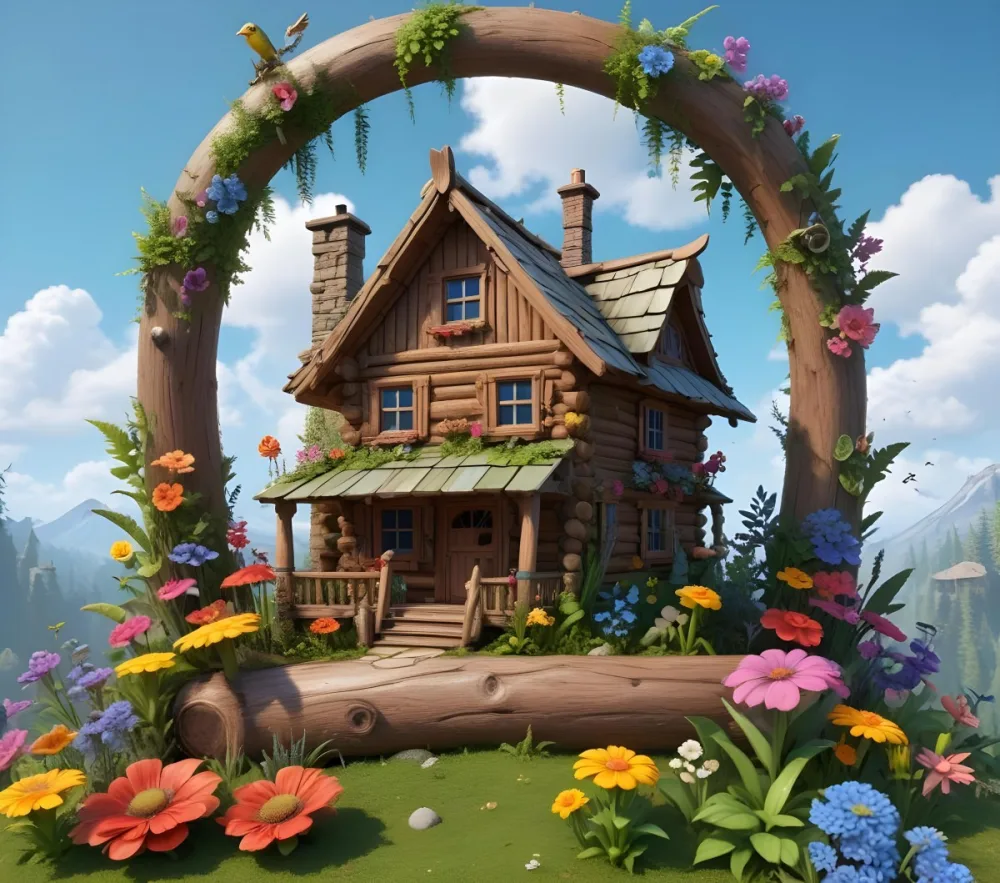 3d Model A Whimsical Scene Featuring A Wooden Log House Surrounded By Colorful Flowers Ferns And Various Cartoonish Animals There Are Two Frogs Two Snails And Several Birds Perched On The House The Background In 1 6263