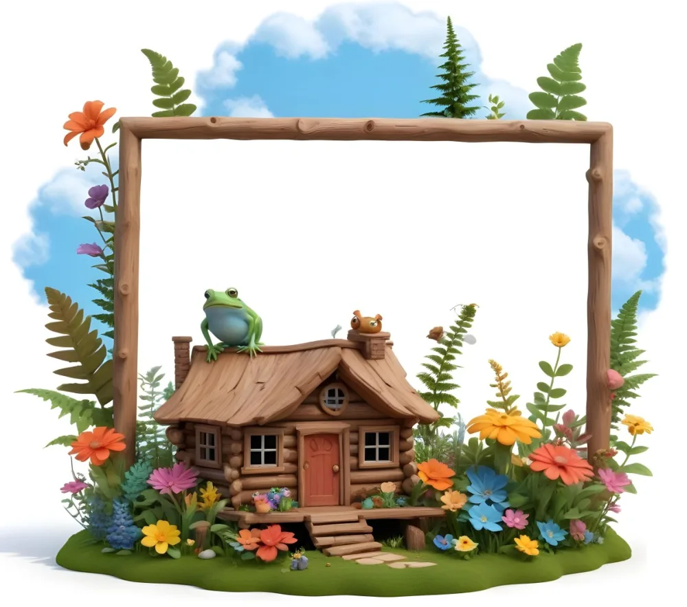 3d Model A Whimsical Scene Featuring A Wooden Log House Surrounded By Colorful Flowers Ferns And Various Cartoonish Animals There Are Two Frogs Two Snails And Several Birds Perched On The House The Background In 1 Dd3c