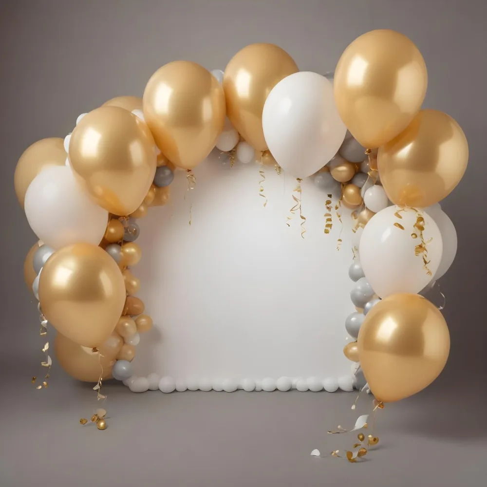 3d Model A Wreath Made Of Gold And White Balloons Floating Against A Gray Background Figure Octane Render Volumetric Highly Detailed Videogame Aesthetic 12 C2f2