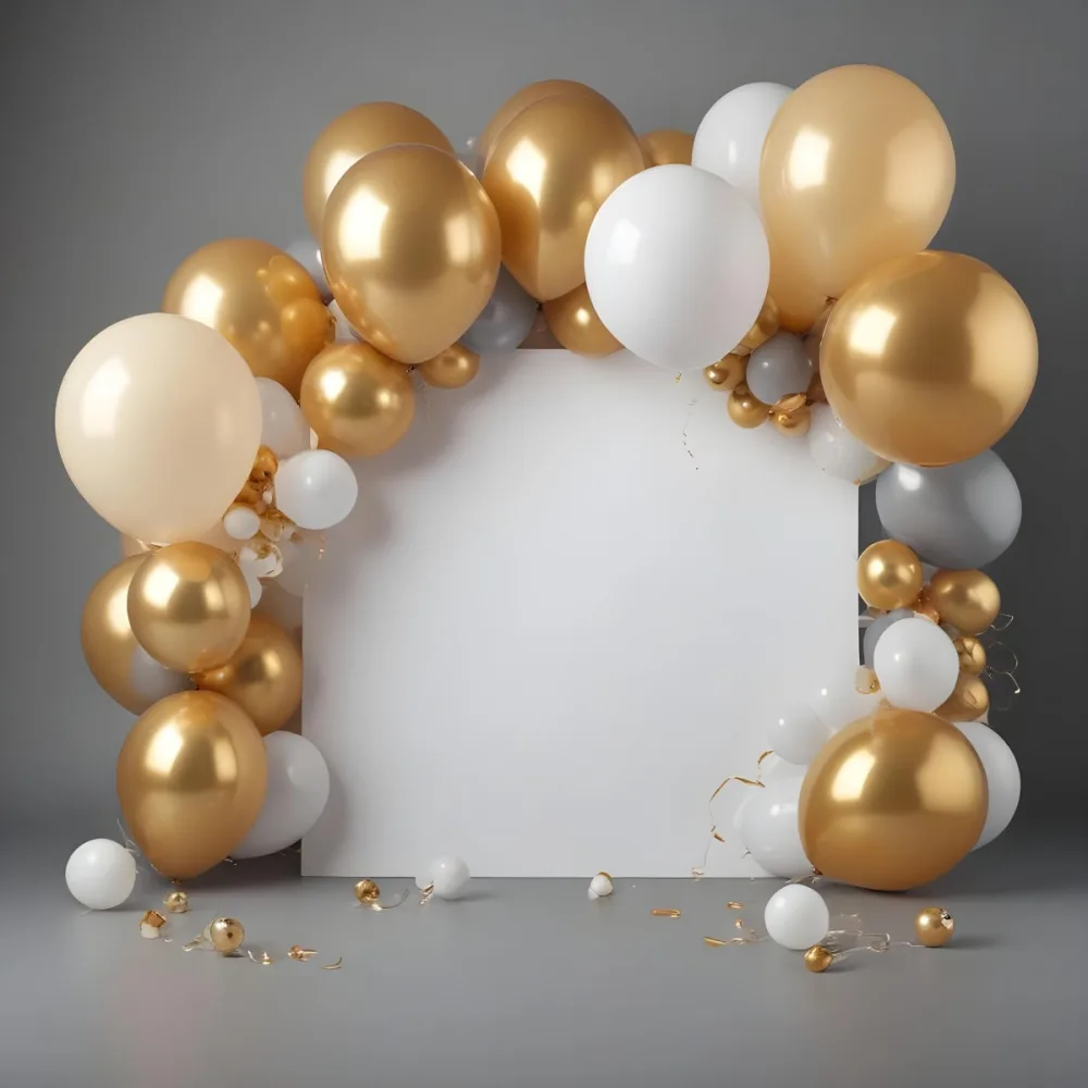 3d Model A Wreath Made Of Gold And White Balloons Floating Against A Gray Background Figure Octane Render Volumetric Highly Detailed Videogame Aesthetic 14 E876
