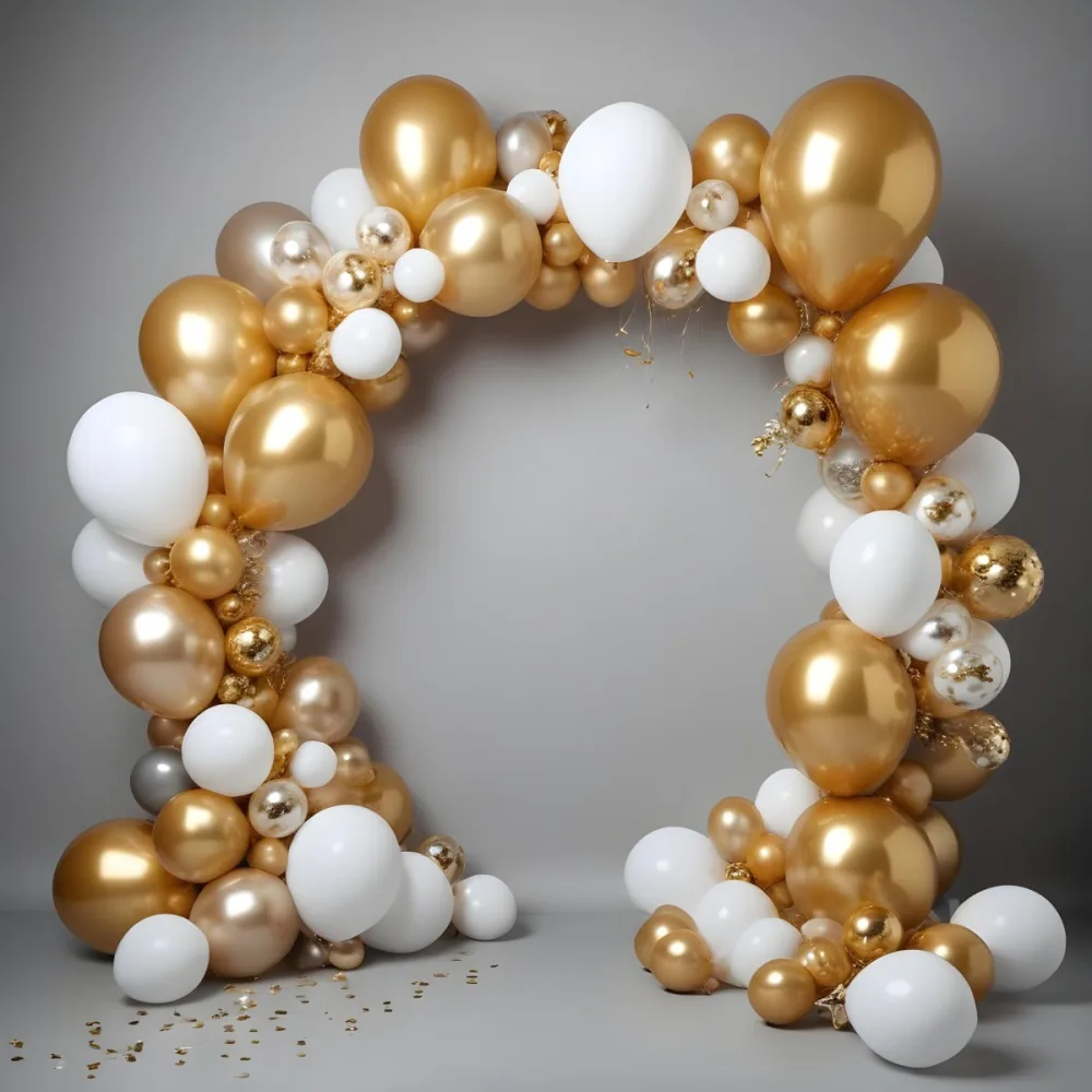3d Model A Wreath Made Of Gold And White Balloons Floating Against A Gray Background Figure Octane Render Volumetric Highly Detailed Videogame Aesthetic 18 2e7e