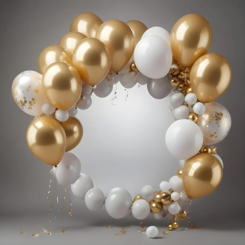 3d Model A Wreath Made Of Gold And White Balloons Floating Against A Gray Background Figure Octane Render Volumetric Highly Detailed Videogame Aesthetic 23 D121