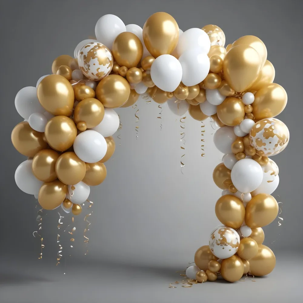 3d Model A Wreath Made Of Gold And White Balloons Floating Against A Gray Background Figure Octane Render Volumetric Highly Detailed Videogame Aesthetic 27 D791