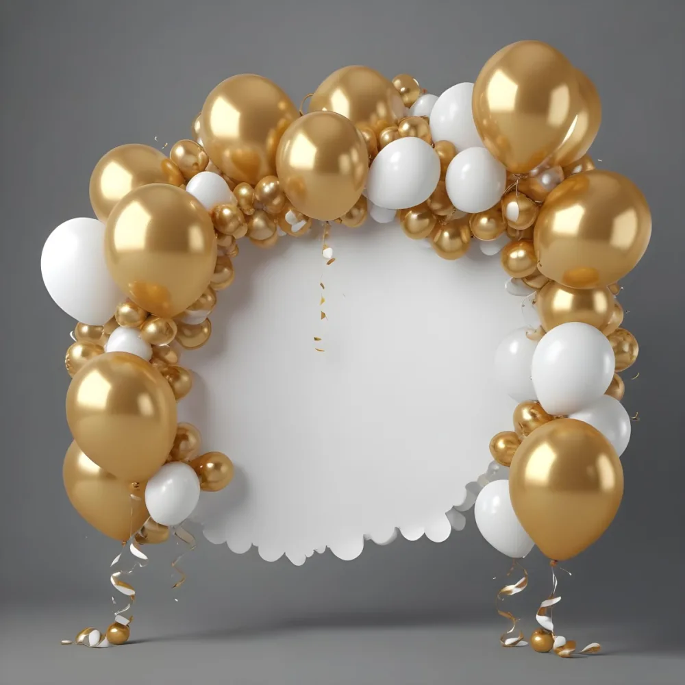 3d Model A Wreath Made Of Gold And White Balloons Floating Against A Gray Background Figure Octane Render Volumetric Highly Detailed Videogame Aesthetic 31 7f45